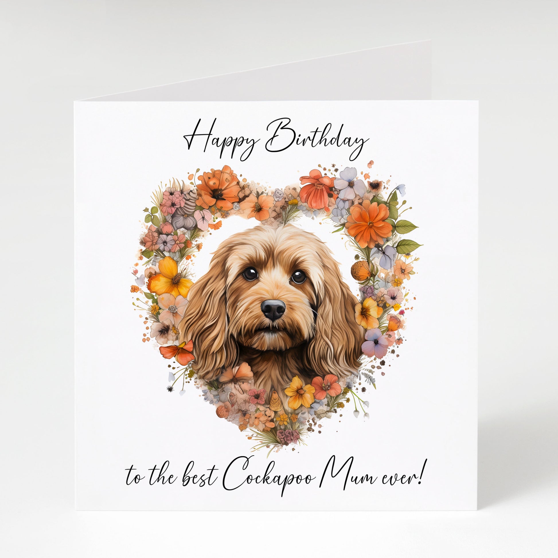 Cockapoo Birthday card, Cockapoo Mum, Cockapoo with heart flowers.