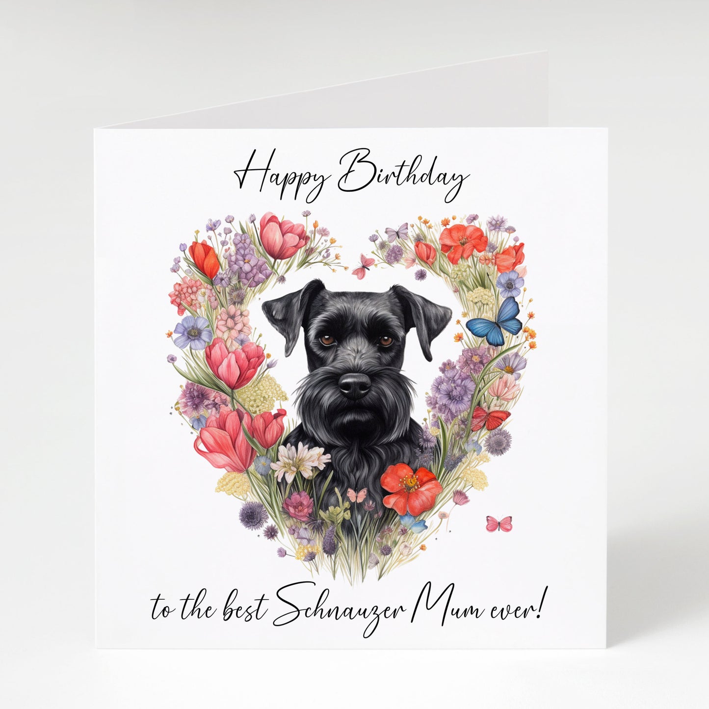 Schnauzer Mum birthday card, Schnauzer Mum, Black Schnauzer with heart flowers, Matching mug and coaster available.