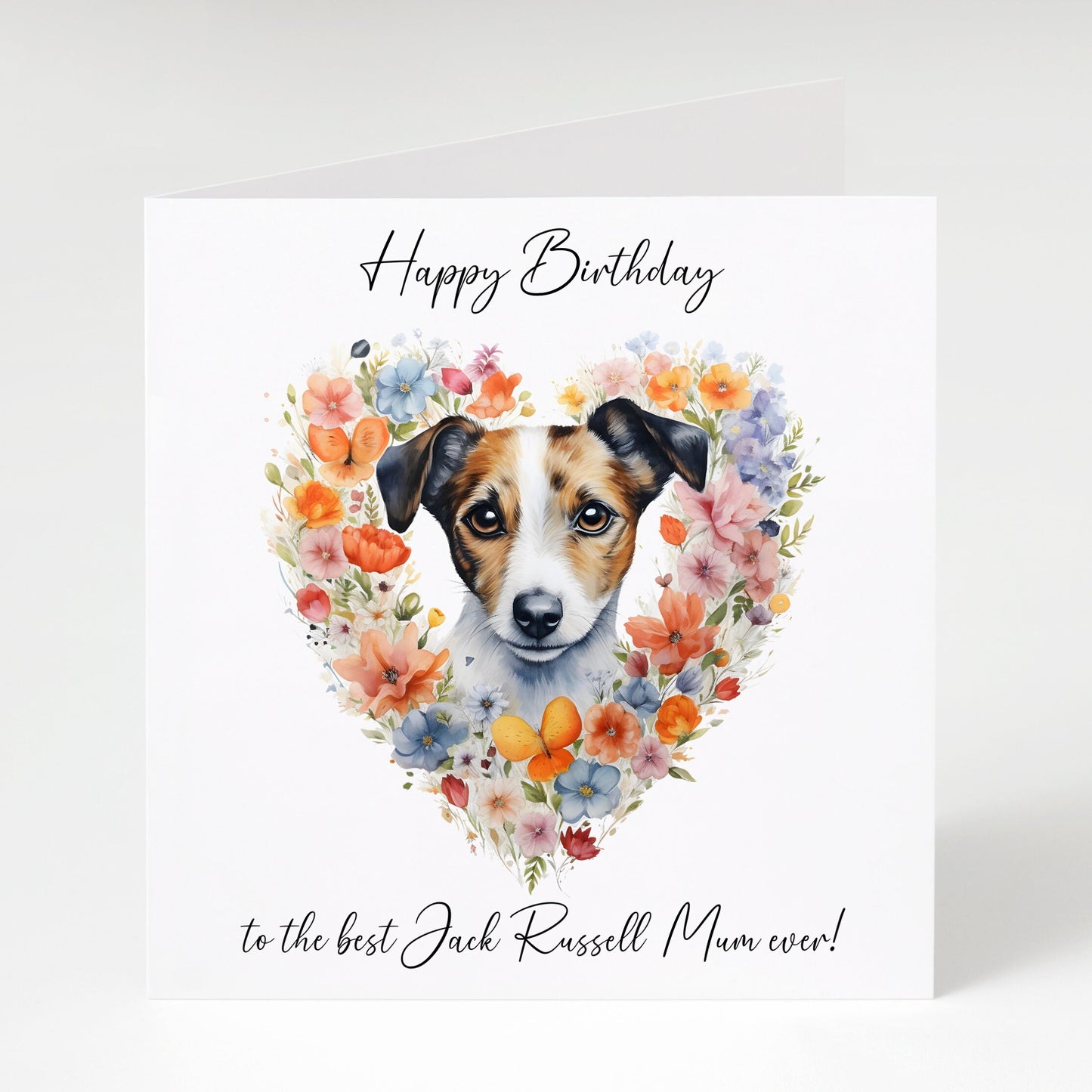 Jack Russell Mum birthday card, From the dog, Dog Mum, Jack Russell with heart flowers.