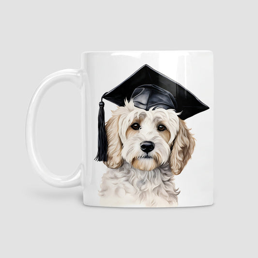 White cockapoo graduation mug, Graduation gift for dog lover.
