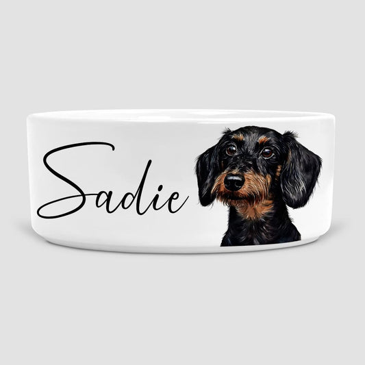 Personalised black wire haired Dachshund Dog Bowl,
