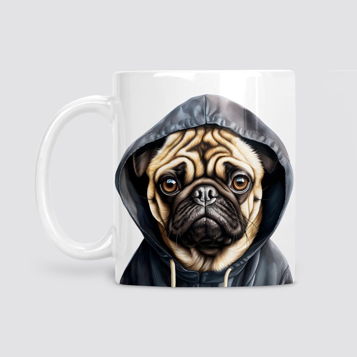 Pug in hoodie mug, Pug Dog lover gift, Pug gift, watercolour mug, Mug for Him, Gifts for Dog Lovers