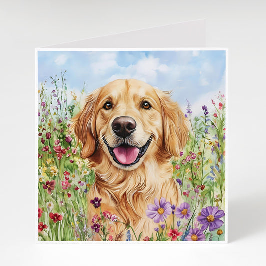 Golden Retriever with wildflowers card