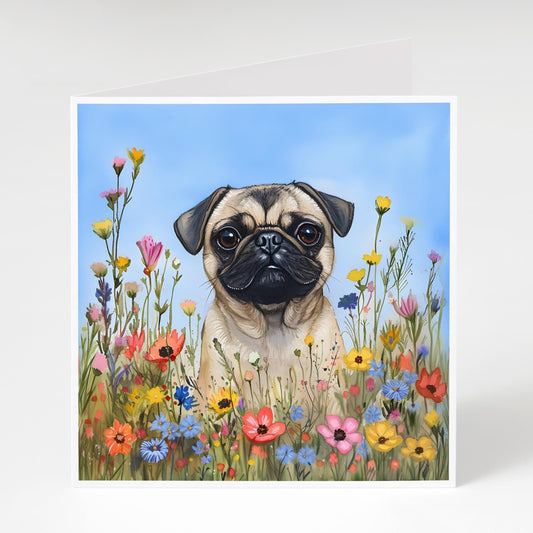 Pug card with wildflowers, perfect Mother's Day or birthday card for Pug lovers or dog Mums.