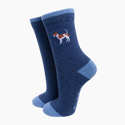 Jack Russell Embroidered Wool Socks in Blue