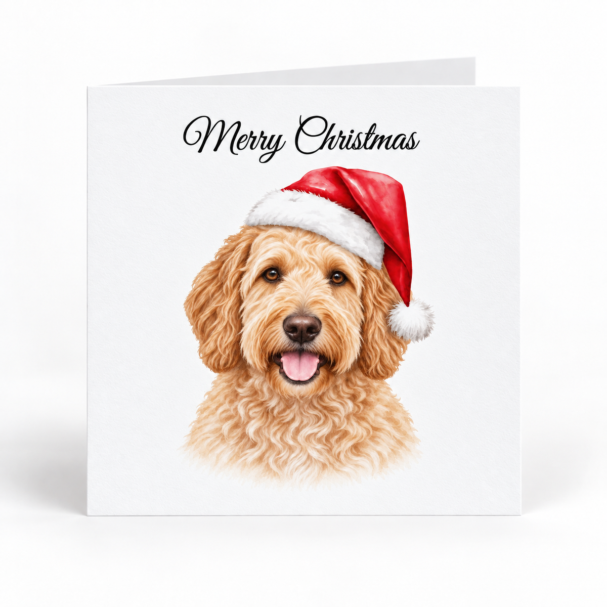A square white Christmas greeting card with the words 'Merry Christmas' in black script at the top and an illustration of a labradoodle wearing a red Santa hat on the front, shown against a light gray background.