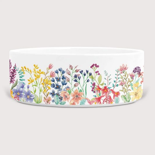 ceramic dog bowl with wildflowers pattern