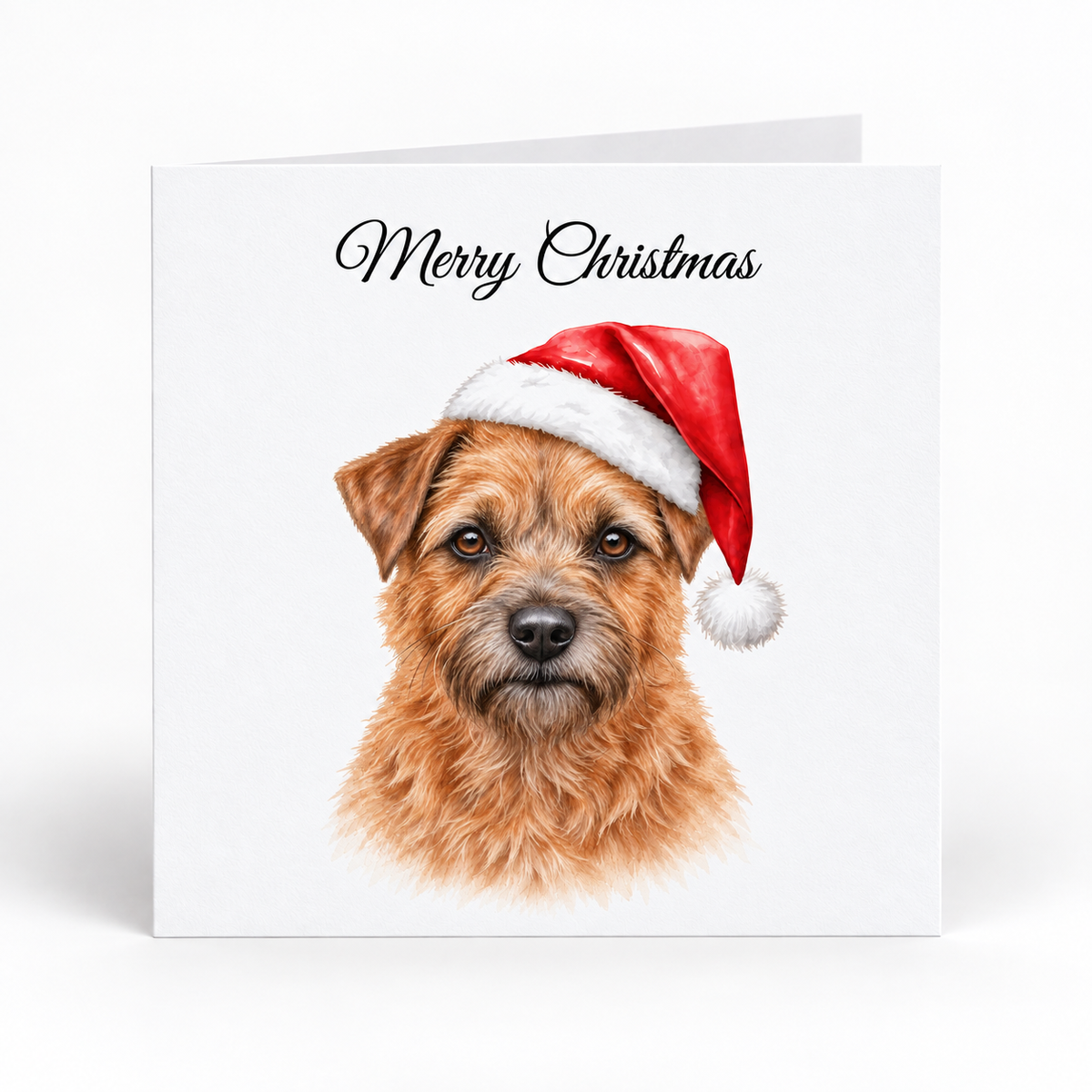 A square white Christmas greeting card standing upright on a light gray background. The card has the words 'Merry Christmas' in black script at the top and features a detailed illustration of a brown dog wearing a red Santa hat with a white pom-pom.
