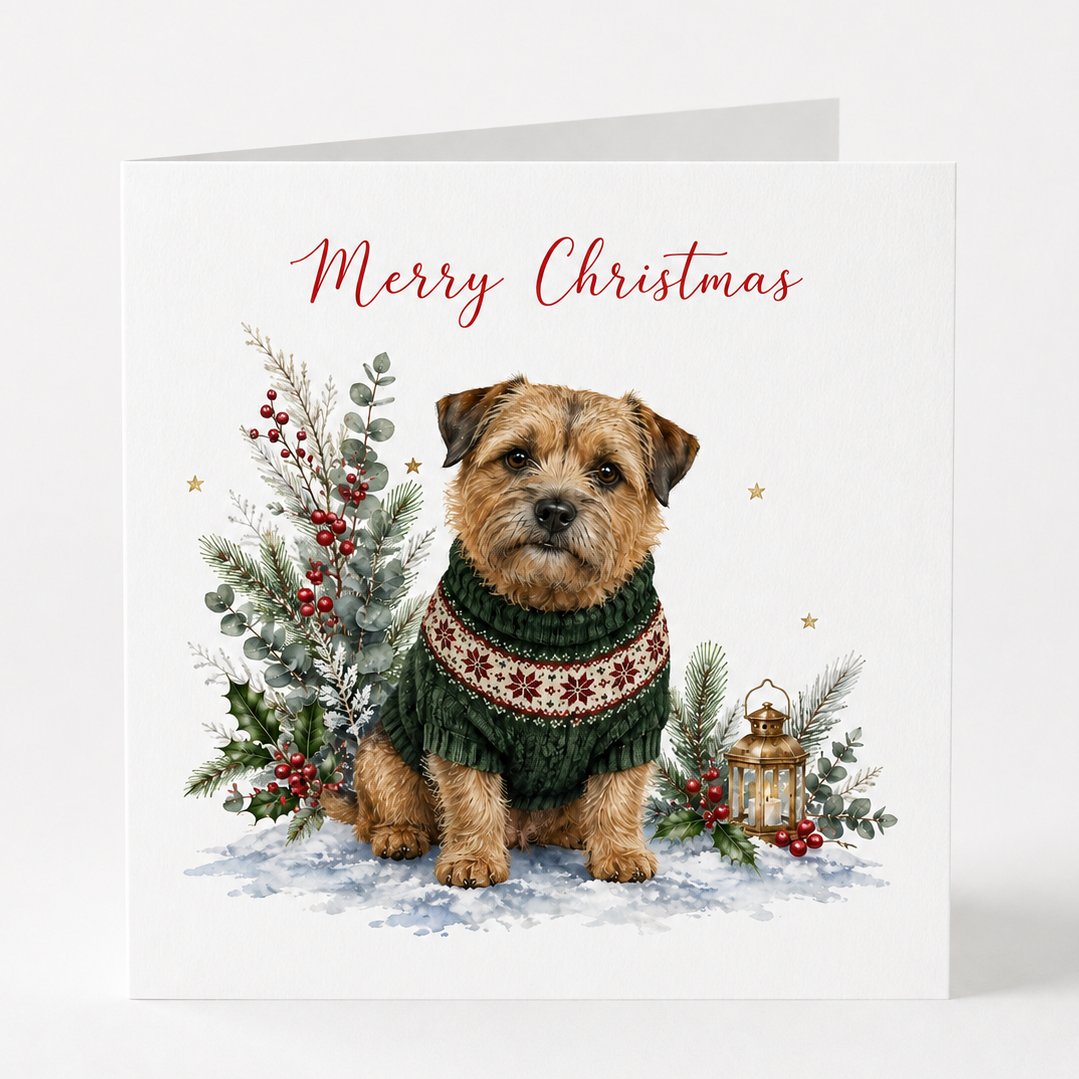 A square Christmas greeting card featuring an illustrated Norfolk terrier dog wearing a green knitted sweater, surrounded by holiday greenery, red berries, and a lantern, with the text 'Merry Christmas' in red script at the top. pack of five.