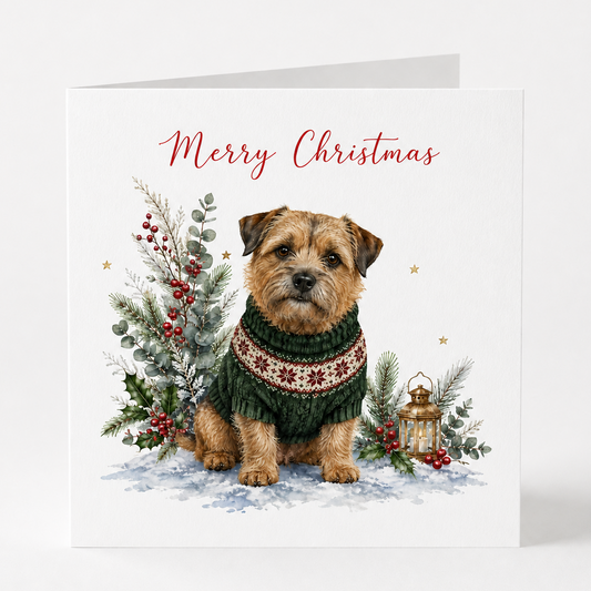 A square Christmas greeting card featuring an illustrated Norfolk terrier dog wearing a green knitted sweater, surrounded by holiday greenery, red berries, and a lantern, with the text 'Merry Christmas' in red script at the top. pack of five.