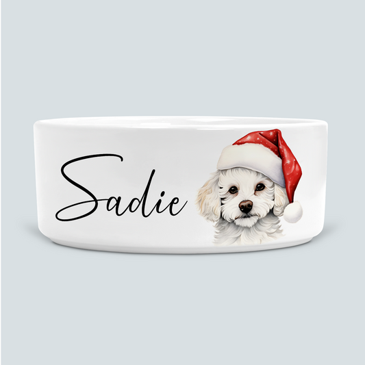 White bichon Christmas bowl with a dog wearing a Santa hat personalised 