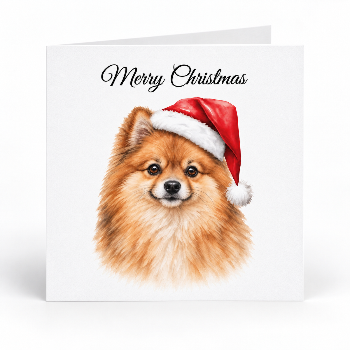 A square white Christmas greeting card featuring a portrait of a fluffy orange-brown dog wearing a red Santa hat, with the words 'Merry Christmas' in black script at the top.