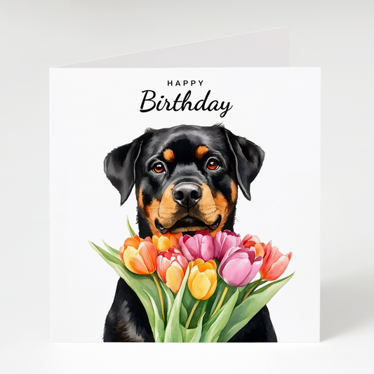 Rottweiler with Tulips Birthday Card