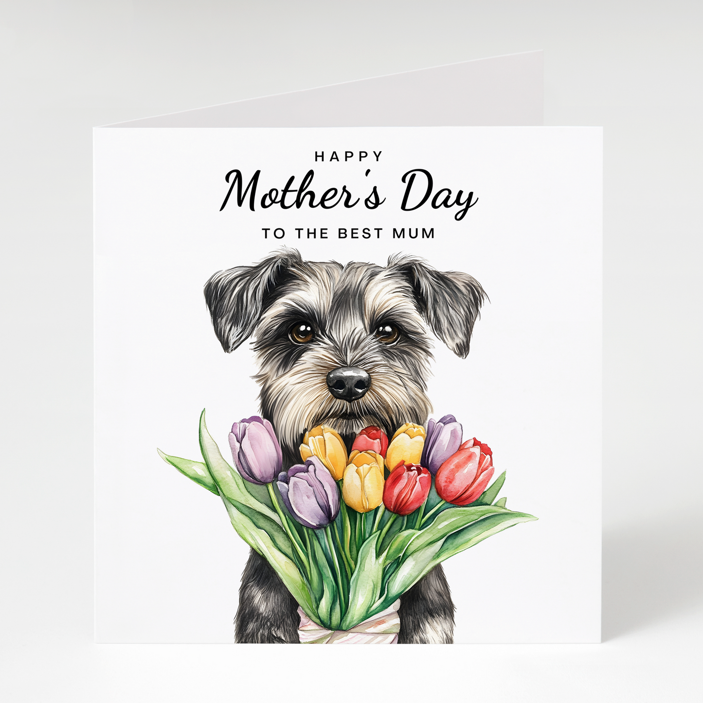 Greeting card with a grey schnauzer dog holding flowers and 'Happy Mother's Day to the best mum' text on a white background.