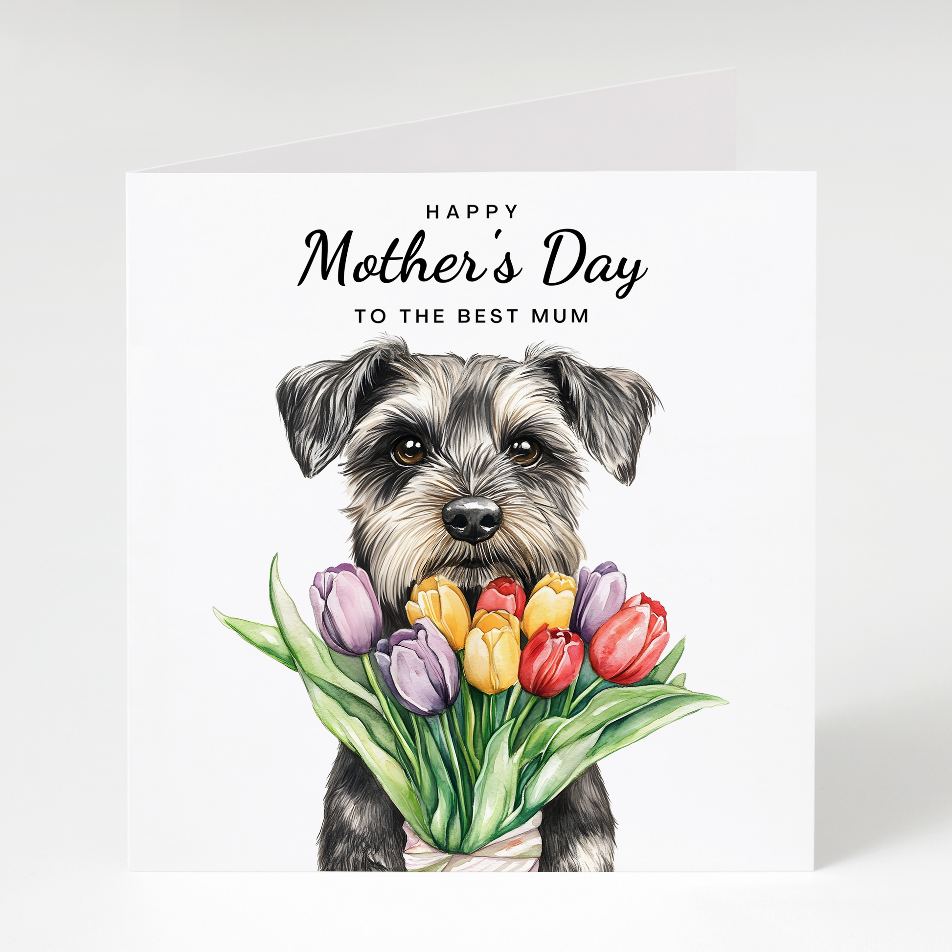 Greeting card with a grey schnauzer dog holding flowers and 'Happy Mother's Day to the best mum' text on a white background.