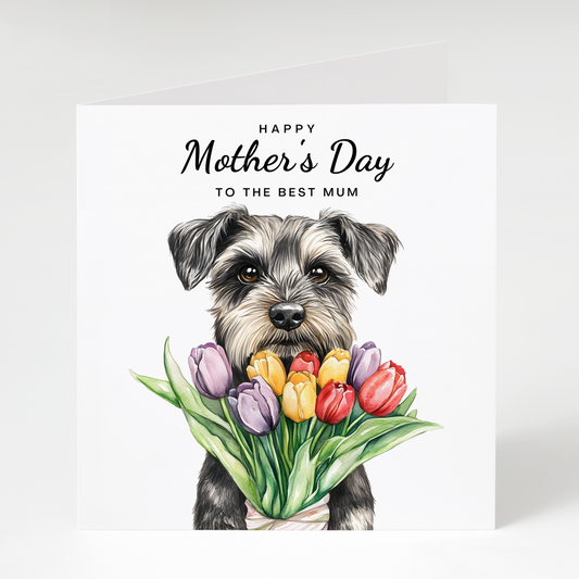Greeting card with a grey schnauzer dog holding flowers and 'Happy Mother's Day to the best mum' text on a white background.