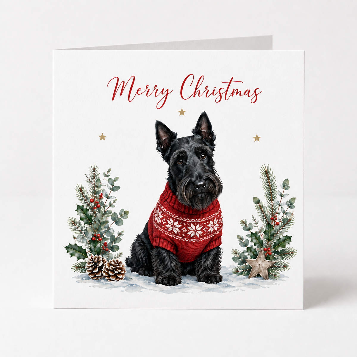 A square Christmas greeting card with a white background, featuring an illustration of a black Scottish terrier wearing a red knit sweater, flanked by small decorated trees, with 'Merry Christmas' written in red script at the top.