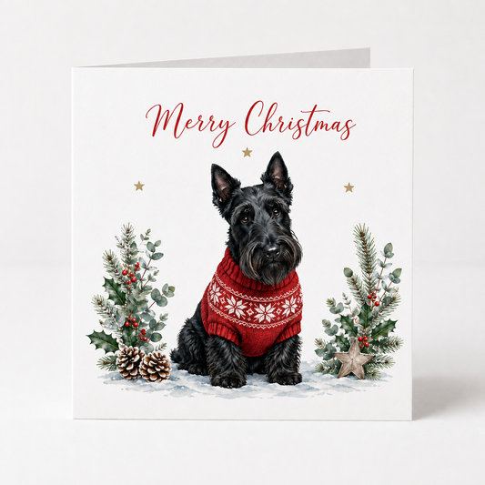 A square Christmas greeting card with a white background, featuring an illustration of a black Scottish terrier wearing a red knit sweater, flanked by small decorated trees, with 'Merry Christmas' written in red script at the top.