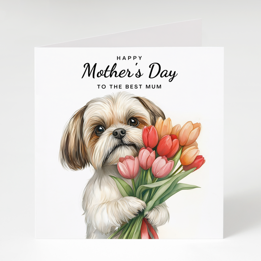 Greeting card with shih tzu dog holding flowers and 'Happy Mother's Day to the best mum' text on a white background.