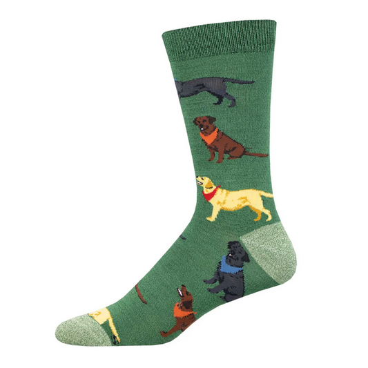 Socksmith Loving Labradors men's bamboo socks featuring black, brown and golden Labradors wearing colourful bandanas.