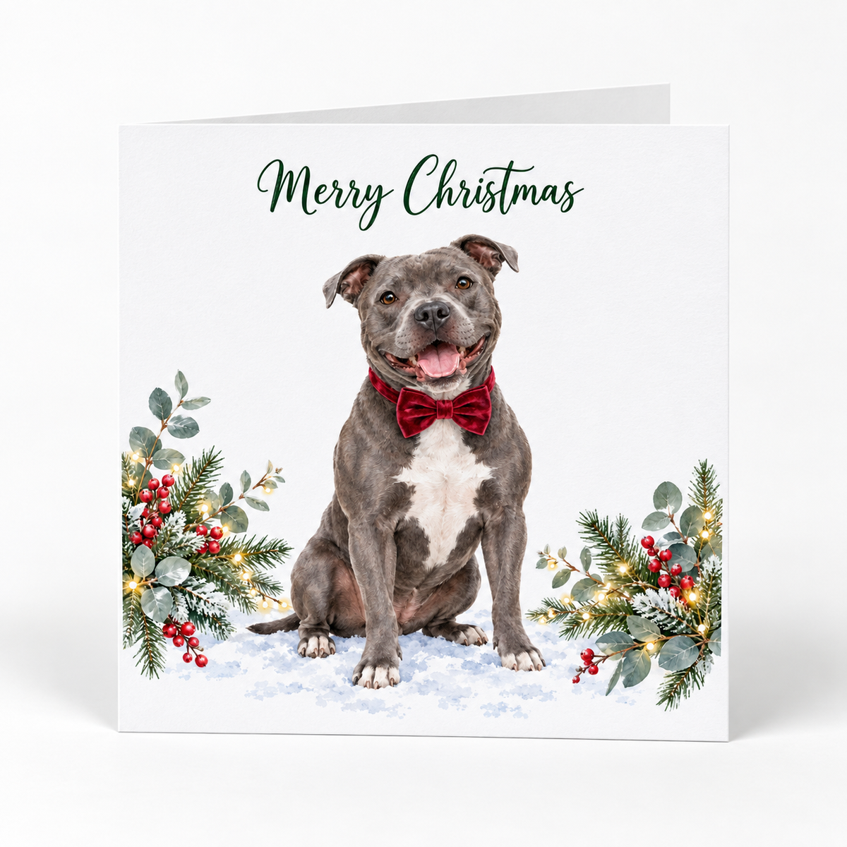 A square Christmas greeting card featuring Staffordshire bull terrier dog wearing a red bow tie, seated in snow with greenery and red berries on both sides. The card reads 'Merry Christmas' in dark green script at the top.