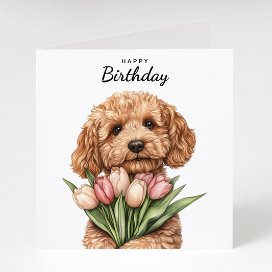 Tan Cockapoo with Tulips Birthday Card