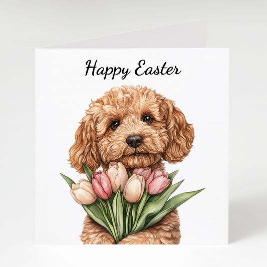 Tan Cockapoo with Tulips Easter Card