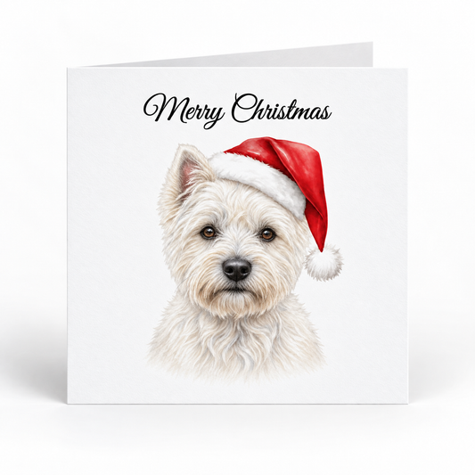 A square white Christmas greeting card with the words 'Merry Christmas' in black script above an illustration of a white dog wearing a red Santa hat, shown on a light gray background.