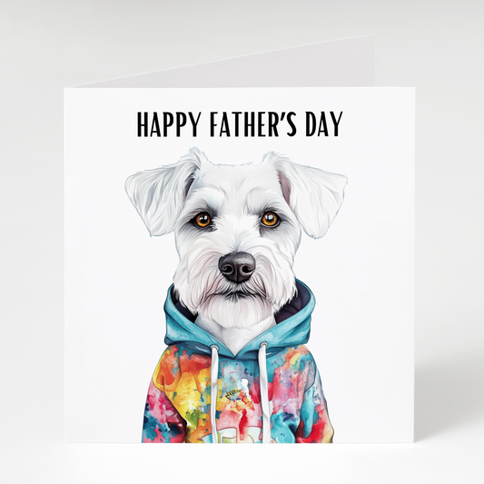 White Miniature Schnauzer wearing hoodie Father’s Day greeting card for dog dads and Schnauzer lovers