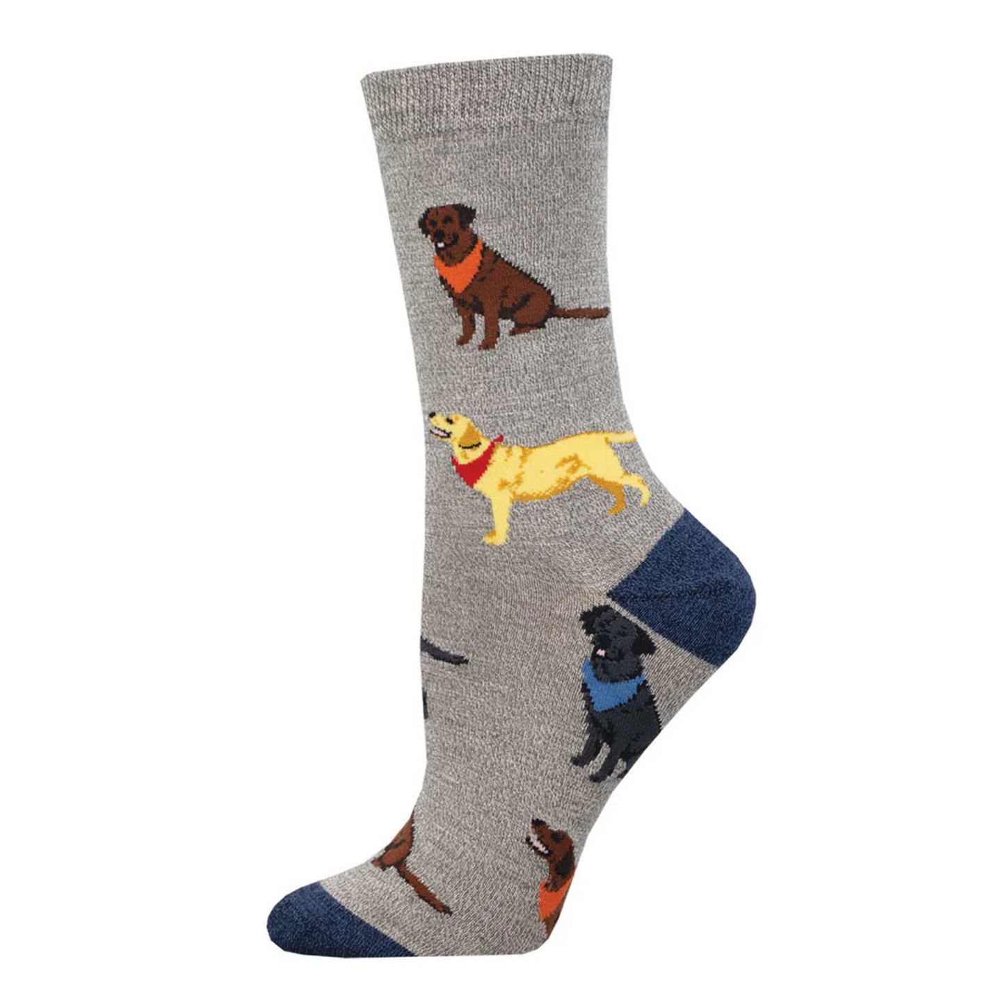 Socksmith Loving Labradors women's bamboo socks featuring black, brown and golden Labradors wearing colourful bandanas.
