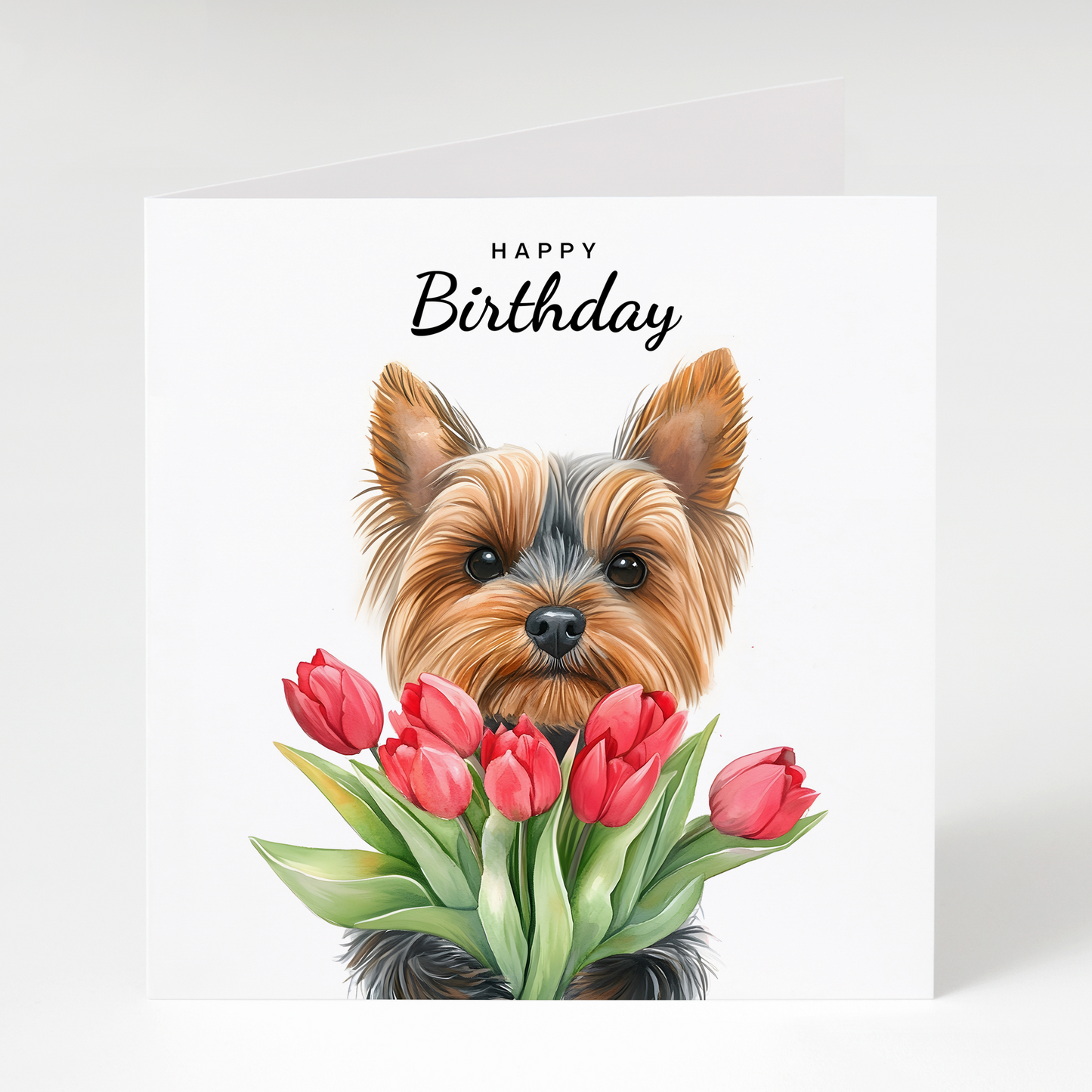 Yorkshire Terrier with Tulips Birthday Card