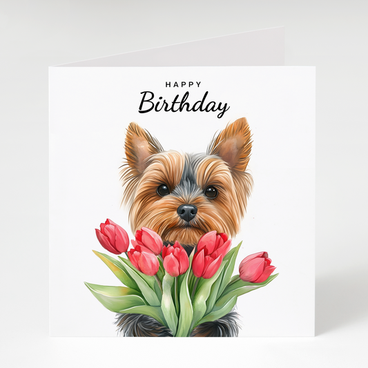Yorkshire Terrier with Tulips Birthday Card