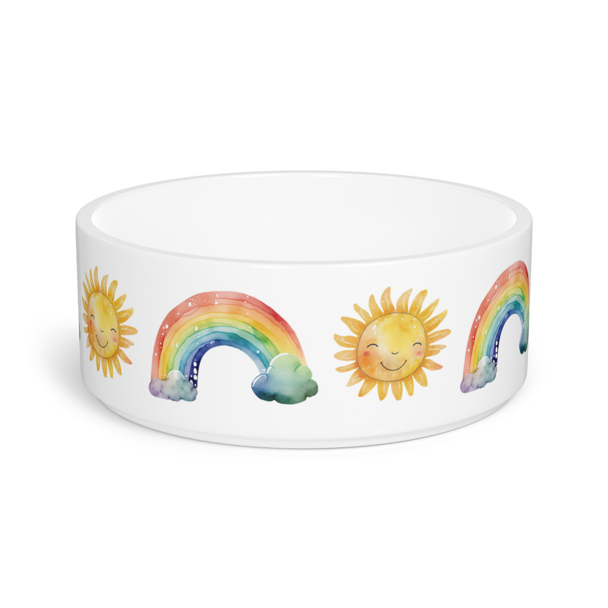 dog bowl with rainbows and sunshine