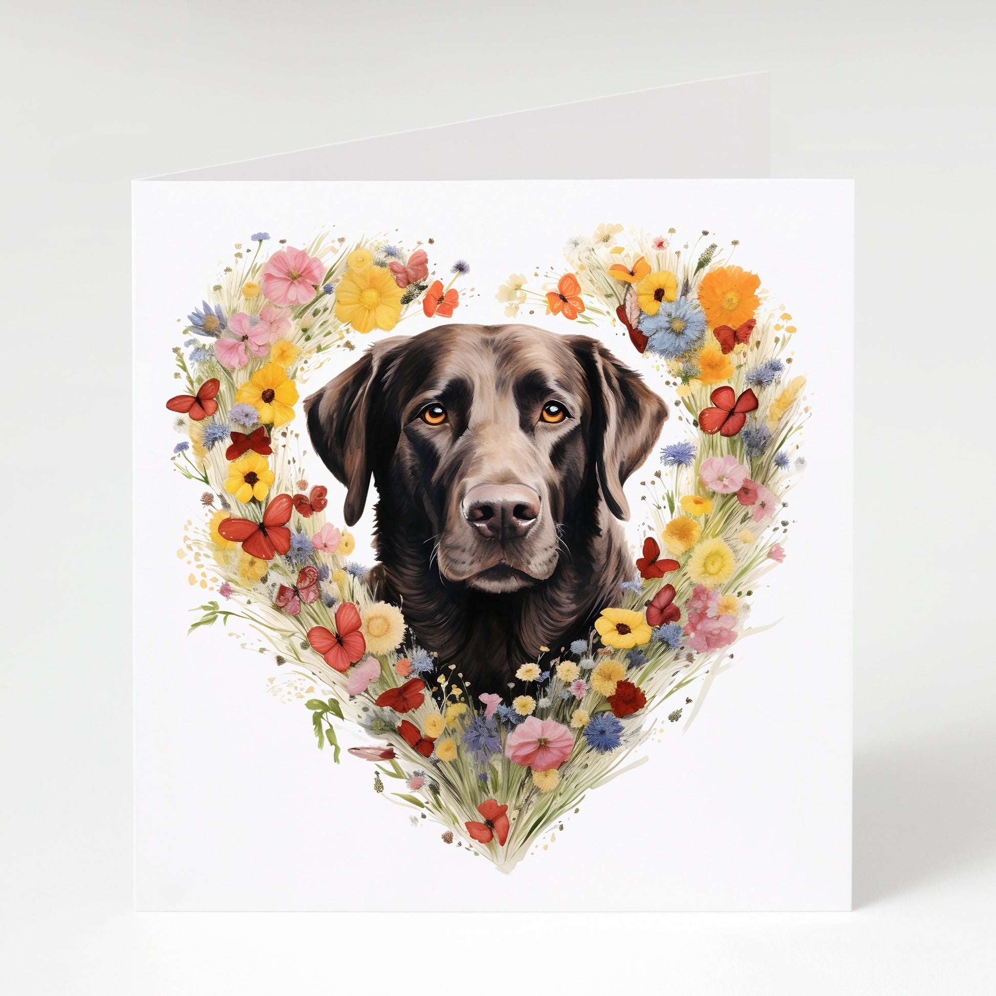 Brown Labrador Card, Mother's Day card, Birthday card, Labrador Mum, Labrador with heart flowers.